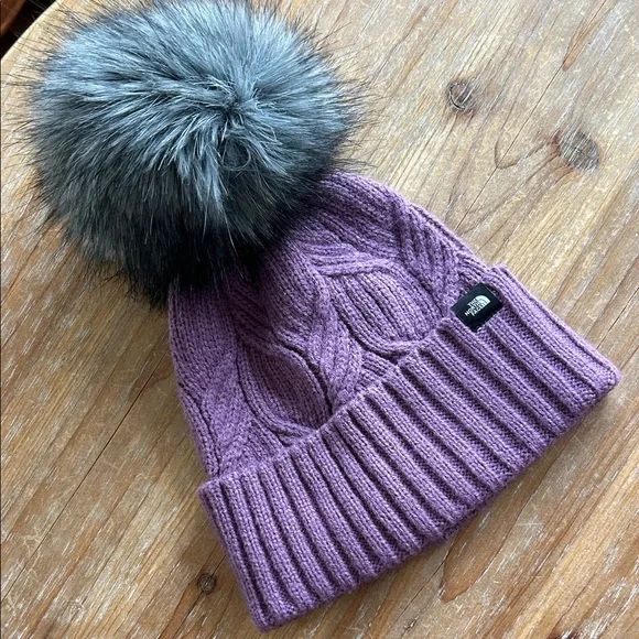 The North Face Youth Purple Knit Beanie with Fluffy Gray Pom-Pom - Picture 15 of 15